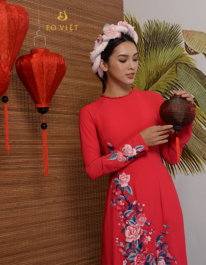 Áo dài đỏ thêu máy cao cấp TM 16/05